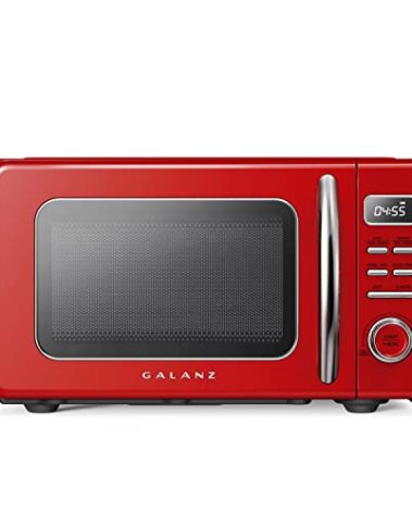 Galanz GLCMKZ09RDR09 Retro Countertop Microwave Oven with Auto Cook & Reheat, Defrost, Quick Start Functions, Easy Clean with Glass Turntable, Pull Handle, 0.9 cu ft, Red