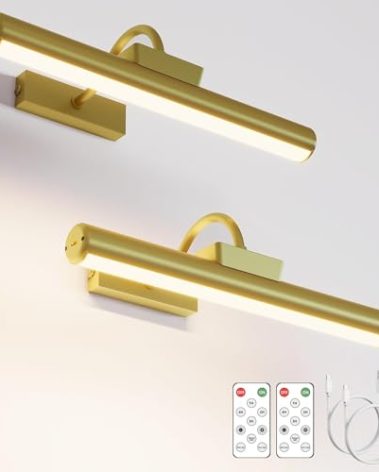 Picture Light Battery Operated, 13in Wireless Art Light for Paintings, Dimmable 5000mAh Recharging Battery Picture Light with Remote Control for Wall, Gallery Dartboard Art Bedroom (Gold-2Pack)