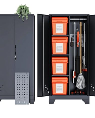 61" H Metal Storage Cabinet, Storage Shed with Shelves for Brooms and mops, Cleaning Supplies Closet with Removable Pegboard for Outdoor, Garage, Utility Room