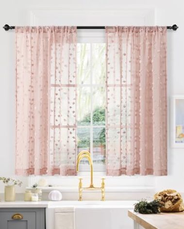 MYSKY HOME Pom Pom Sheer Curtains 54 Inch Length Dusty Pink Curtains for Kitchen Girls Kids Bedroom Nursery Small Windows Farmhouse Boho Style Light Filtering Semi Sheer Drapes with Rod Pocket, Pack-2