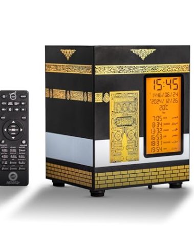 ALMOSTAQIM Azan Clock for Home - Athan Clock for Prayer with Sound, Daily Reminder, Quran Recitation & Explanations - Portable & Rechargeable - Mobile App & Remote Control - Kaaba Design