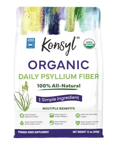 Konsyl Organic Psyllium Husk Powder, 5g of Plant Based Soluble Fiber per Serving – USDA Organic, Non-GMO, Gluten Free, Sugar Free, Vegan, 12 Ounce (Pack of 1)