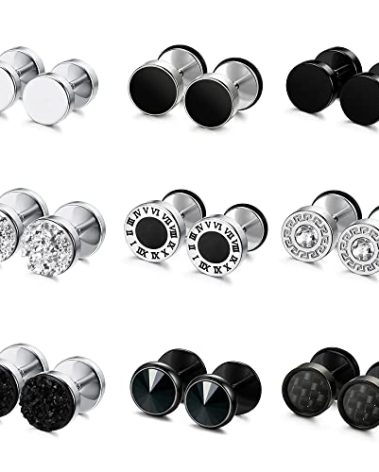 FIBO STEEL 9 Pairs Fake Gauge Earrings for Men Women Stainless Steel Stud Earrings Round Cheater Plug Earrings Faux Gauges Ear Tunnel Mens Earrings