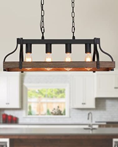 MEIXISUE Rustic Kitchen Island Dining Room Light Fixture Farmhouse Linear Chandelier Black and Retro Wood Finish 4-Light Industrial Metal Hanging Pendant Light UL Listed L28.3 W10.6