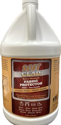 Extra Strength Fabric Protector Spray Prevents Stains and Repels Liquids. SoftClad Guards Furniture, Shoes, Carpet, Upholstery, Suede, Leather, Couch. Safe for Indoor Use. PFAS Free Formula. 1 Gallon