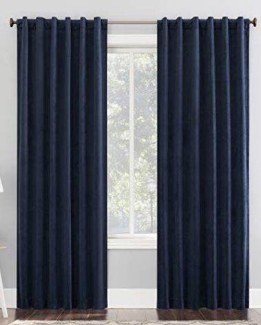 Sun Zero Hampshire Velvet Noise Reducing Thermal Extreme Total Blackout Back Tab Curtain Panel, 50" x 96", Navy Blue