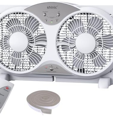 shinic Window Fan with Reversible Airflow Quiet, Twin 9" Blades, Full Remote Control, 3 Functions-3 Speeds, Bathroom Kitchen Window Exhaust Fan, Width Adjustable (From 23.5" to 37") ETL Certified