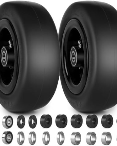 phepetroll 11x4.00-5 Flat Free Lawn Mower Tires and Wheels 3/4" 5/8" 1/2" Ball Bearings, 3.25"-5.5" Centered Hub 11x4-5 Zero Turn Mower Front Tires, Smooth Wheels for Commercial Grade Lawn