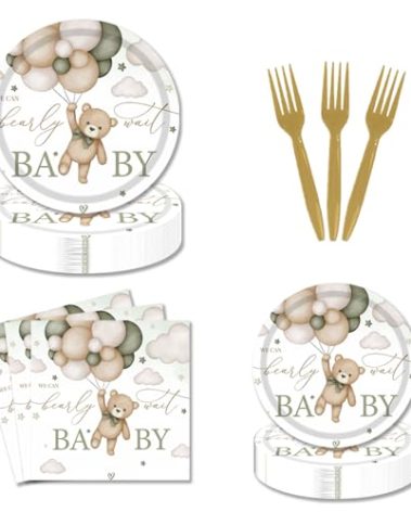 96PCS We Can Bearly Wait Bear Gender Neutral Baby Shower Plates and Napkins Serves 24, Includes Plates, Napkins, Forks, Green Boho Brown Teddy Bear for Girls Boys Birthday Baby Shower Party Supplies
