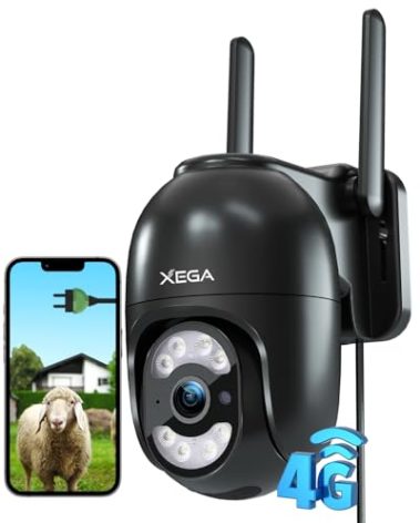 Xega 4G Security Camera Outdoor with SIM Card【Plug in】 Wired No WiFi Camera, 24/7 Recording PTZ Auto Tracking Human Detection Spotlight Siren Alert,Only Support The Built-in SIM, Unlimited Data Plan