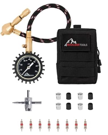 Boulder Tools Heavy Duty Rapid Tire Deflator & Molle Pouch - Precision Release Button Air Down Offroad Kit - Glows in Dark, Bonus: Valve Caps, Cores, Repair Tool | Quickly Deflate 4x4 Off Road Tires