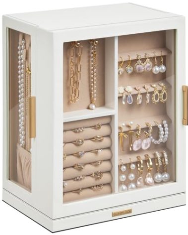 Glimmloop 360° Rotating Jewelry Box with 5 Drawers, Spacious Vertical Jewelry Organizer with Glass Window, Jewelry Storage Case, Dustproof & Moisture-resistant Design, White