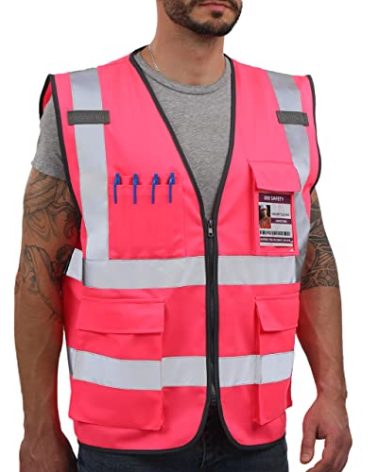 Dib Safety Reflective Vest High Visibility with Pockets and Zipper, Pink L