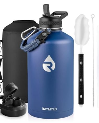 RAYMYLO One Gallon Water Bottle Insulated, Triple Walled Vacuum Stainless Steel (Cold for 48 Hrs), Leak Proof & Non-BPA, Large Water Flask Jug with Paracord Handle & Straw Spout Lids