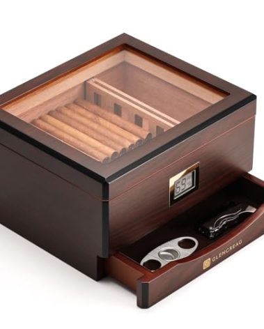 GLENCREAG MMT-3041 Cigar Humidor Box for 55 Counts, See-Through Design with Spanish Cedar Lining & Divider, Digital Hygrometer, Accessory Drawer & Humidifier, Gift for Cigar Aficionado