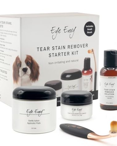 Eye Envy Dog Tear Stain Remover Starter Kit with ProPowder Brush | Stain Solution, Applicator Pads, Stain Powder and Small Applicator Brush | Lasts 30-45 Days