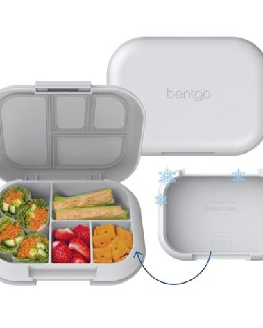Bentgo Chill Kids Leak-Proof Lunch Box - 4-Compartment Bento Box with Built-In Ice Pack, 3.3 Cup Capacity, PFAS & BPA-Free, Microwave & Dishwasher Safe, Ideal Size for Ages 3 to 7 (Gray)
