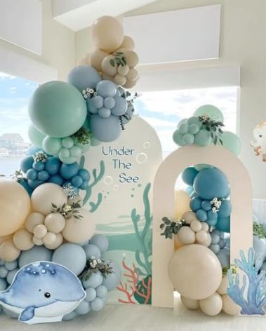 147pcs Under the Sea Balloons Garland Arch Kit with Dusty Slate Blue Pastel Green Sand White Latex Balloons for Ocean Themed Under the Sea Baby Shower Birthday Party Decorations