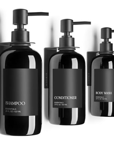 Stylish Shampoo and Conditioner Dispenser Set of 3 for Wall Mount - Modern Drill Free 21oz Shower Soap Bottles with Labels - Easy Refill Body Wash Dispensers for an Instant Bathroom Decor Upgrade