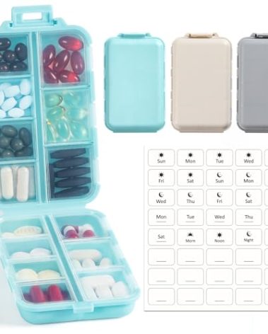 3 Pack, 14 GRIDS Travel Pill Organizer Box with Labels - Travel Medicine Case Kit - Pocket Daily Pharmacy Container - Travel Medication Holder Dispenser for Fish Oil Vitamin Supplement Storage