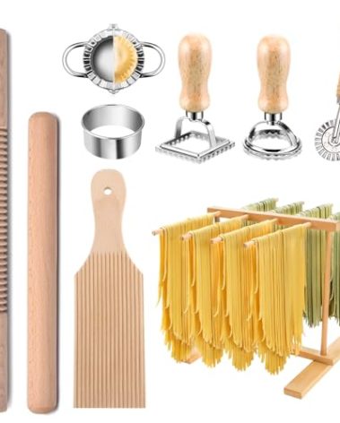 Pasta Making Tools, 9 PCS Wood Pasta Making Kit with Pasta Drying Rack, Pasta Roller, Gnocchi Board, Ravioli Cutter Pasta Making Accessories