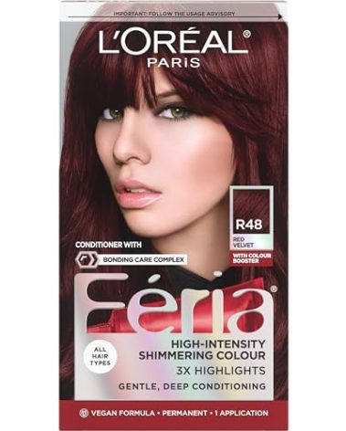 L'Oreal Paris Feria Multi-Faceted Shimmering Permanent Hair Color, R48 Red Velvet (Intense Deep Auburn), Pack of 1, Hair Dye
