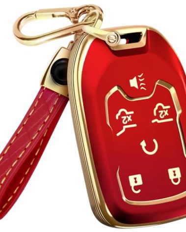 Lucrum Compatible with Chevy & GMC Key Fob Cover & Leather Keychain, 6 Buttons Keyfob Case for Acadia Sierra Silverado Tahoe Terrain Yukon (2014-2023) - Red and Gold
