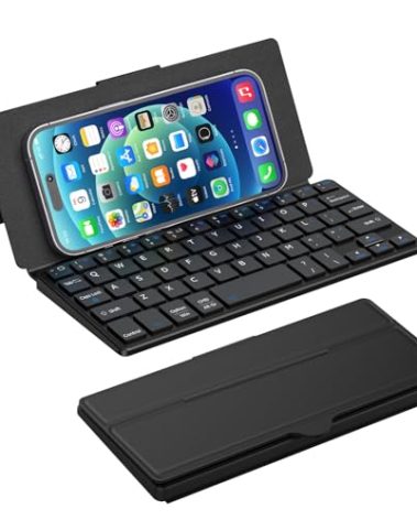 Doohoeek Universal Bluetooth Keyboard for Samsung Galaxy Z Fold, iPad mini 7 2024 & Phones, Dual Bluetooth Mini Keyboard with Any-Angle Kickstand & Leather Cover for Android, Windows and iOS