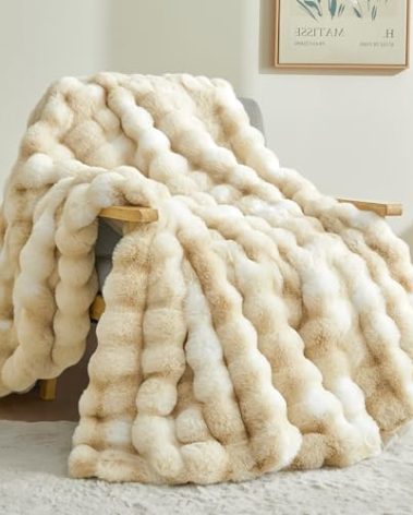 BEDELITE Faux Fur Throw Blanket for Couch, Decorative Tie-Dye Khaki Plush Bubble Blanket - Super Soft & Cozy Fluffy Faux Rabbit Fur Blanket for Women Gift, 50x60 Inches