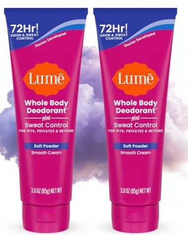Lume Whole Body Deodorant Plus Sweat Control - Smooth Cream Tube - 72 Hour Odor And Sweat Control - Baking Soda Free, Skin Loving - 3.0 ounce (Pack of 2) (Soft Powder)