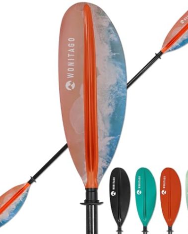 WONITAGO Kayak Paddle Premium Carbon Fiber Paddle with Reinforced PP + Fiberglass Blade, Floating Adjustable Kayaking Oars, 3 Piece, 220-240 cm/86-94 Inches Ocean Orange