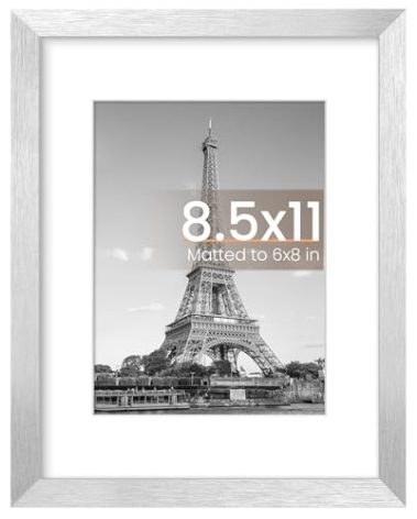upsimples 8.5 By 11 Picture Frame, Display Pictures 6x8 with Mat or 8.5 x 11 Without, Wall Hanging Photo Frames, Silver, 1 Pack