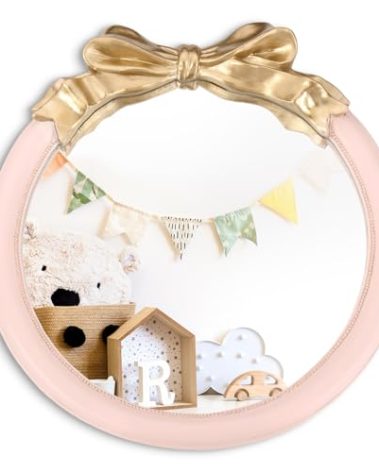 DoubleFill 18 Inch Nursery Mirror, Bow Wall Mounted Mirror for Girl Princess Vintage Nursery Decor for Girls Bedroom(Pink)