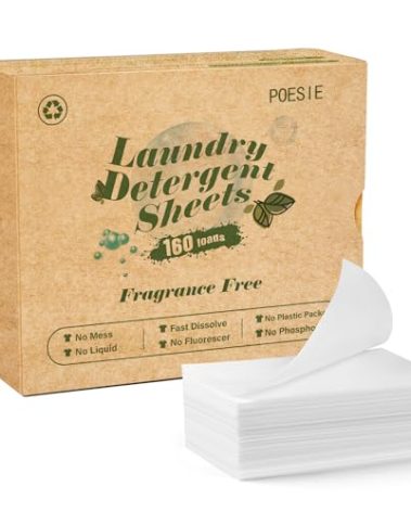 Poesie Laundry Detergent Sheets Fragrance Free Non-Plastic Precut Zero Waste 160 Count Liquidless Washing Strips for Home Dorm Travel Camping Hiking Portable
