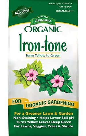Espoma Organic Iron-Tone 3-0-3 Organic Fertilizer and Plant Food to Help Correct Iron Deficiency (Chlorosis). 5 lb. Bag. Turns Yellow to Green, Non Staining Iron