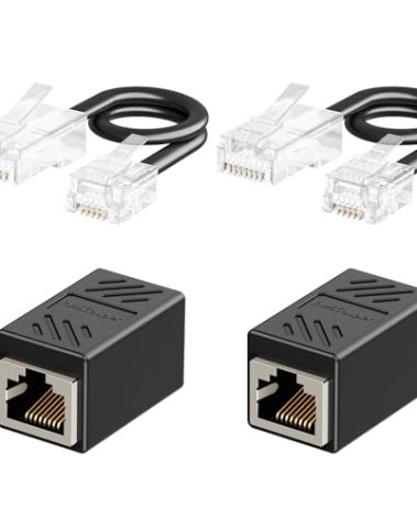 Uvital Phone Jack to Ethernet Adapter, RJ45 Female to Female Inline Adapters with RJ45-Male to RJ11-Male Phone Lines for Landline Telephone, RJ45 to RJ11 Adapter Kit(Black, 2 Pack)