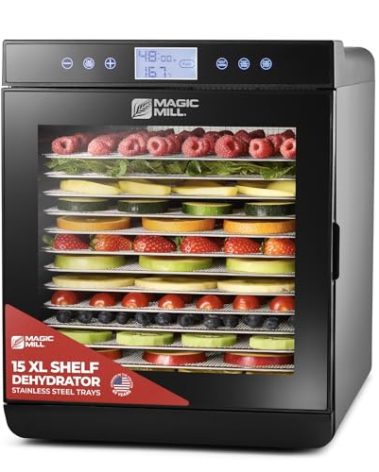 Magic Mill Premium Food Dehydrator Machine (15 Extra-Large Stainless Steel Trays) 800W Dryer for Beef Jerky, Fruits, Vegetables, Dog Treats, 48 Hour Digital Timer - 95°-167° Temperature Control