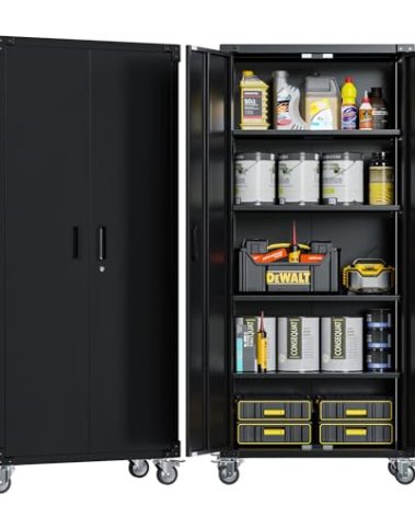 METALYEYE 72" H Metal Storage Cabinet with 2 Doors and 4 Adjustable Shelves, Garage Storage Cabinet with Wheels for Garage Home, Required-Assembly,Black