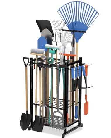 Garden Tool Organizer Rack Up to 50 Tools, Heavy-Duty Steel Yard Tool Organizer for Garage Storage with 11 Hooks, Broom Holder & Garden Tool Rack for Shed, Patio, Outdoor Use, Black