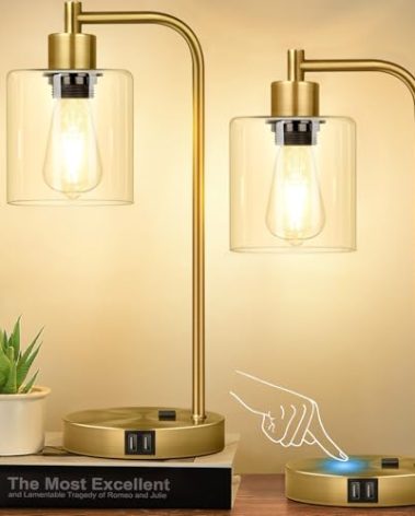 Industrial Touch Table Lamps Set of 2-2 USB Ports & AC Outlet Nightstand Lamps, 3-Way Dimmable Bedside Desk Lamp for Living Room Bedroom, Glass Shade & 2 LED Bulbs Included - Brass