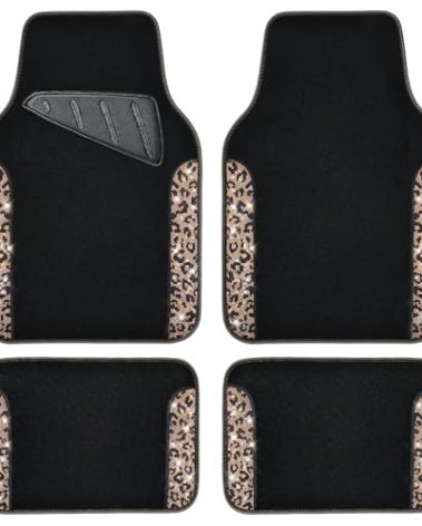 CAR PASS Bling Diamond Car Floor Mats, Shining Rhinestone Carpet Sparkly Glitter Crystal with Anti-Slip PVC Heel Pad Waterproof Universal Fit Automotive SUV,Sedan,Van,Cute Girl Women,4pcs Gold Leopard