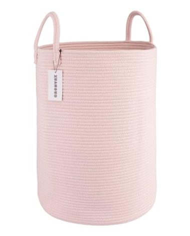 XUANGUO Cotton Rope Laundry Basket Hamper for Clothes Woven Storage Basket for Living Room Bedroom Boho Tall Rope Baskets for Blanket Toys Pillow Towels Baby Nursery Hamper Bin Large light pink