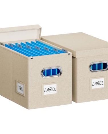 Chizjox File Organizer Box with Lid - Set of 2 Portable Hanging filebox, Collapsible Linen Decorative Filing Storage Boxes for Office & Home File Cabinet (Beige 14 x 9.3 x 10.9 inch)