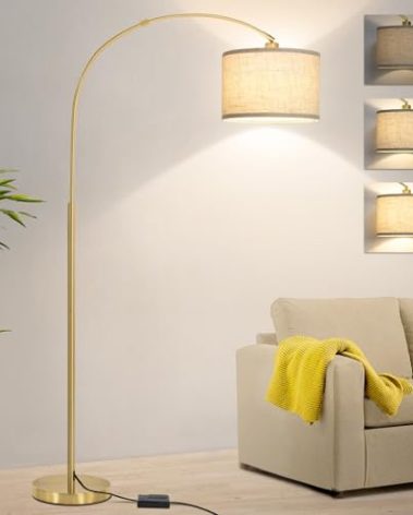 Gold Arc Floor Lamp, Dimmable Floor Lamp for Living Room, Mordern Standing Light with Adjustable Lamp Head, Tall Pole Lamp Over Couch Arched Light for Reading, Bedroom, Office, 9W LED Bulb Included