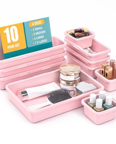 10 PCS Drawer Organizer Set, 4 Size Makeup Drawer Divider Organizer With Non-Slip Pads, Interlocking Plastic Storage Bins for Office,Jewelry Vanity,Gadgets, Bathroom,Kitchen, Pink