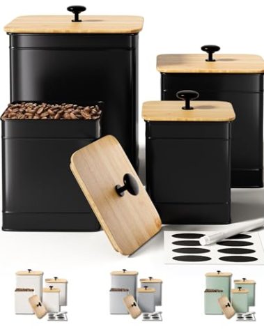 Kitchen Canisters for Countertop Set of 4 with Customizable Chalkboard Labels & Marker Pen - Big Iron Kitchen Canisters with Airtight Lids - Black Canister Set - Flour and Sugar Containers Farmhouse