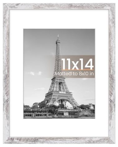 upsimples 11x14 Picture Frame, Display Pictures 8x10 with Mat or 11 x 14 Without, Wall Hanging Photo Frames, Rustic White, 1 Pack