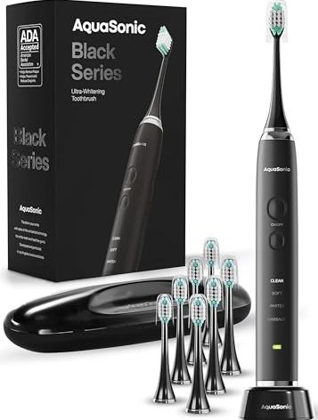 Aquasonic Black Series Ultra Whitening Toothbrush – ADA Accepted Electric Toothbrush- 8 Brush Heads & Travel Case – 40,000 VPM Electric Motor & Wireless Charging - 4 Modes w Smart Timer