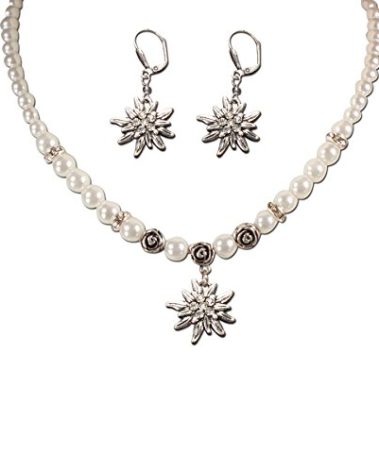 Alpenflüstern Traditional bavarian jewelry set pearl necklace and earrings rhinestone Edelweiss, Ladies costume jewelry, traditional german flower pendant, Dirndl, Oktoberfest (cream-white)