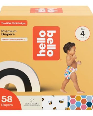 Hello Bello Premium Diapers Size 4 (22-37lbs), Busy Bees & Hive Five Designs, 58ct Club Box